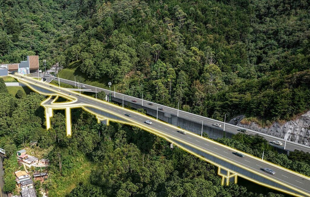Este rénder demarca el segundo viaducto que construirá Odinsa en la fase 2 de la concesión Túnel Aburrá Oriente. Imagen: Odinsa