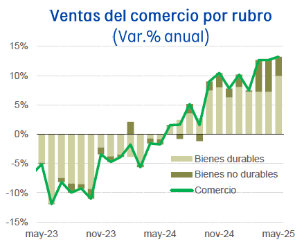 Aumentos del salario mínimo y remesas tienen a hogares colombianos gastando más y sosteniendo la economía Hogares colombianos: Variación anual de las ventas del comercio por rubro.