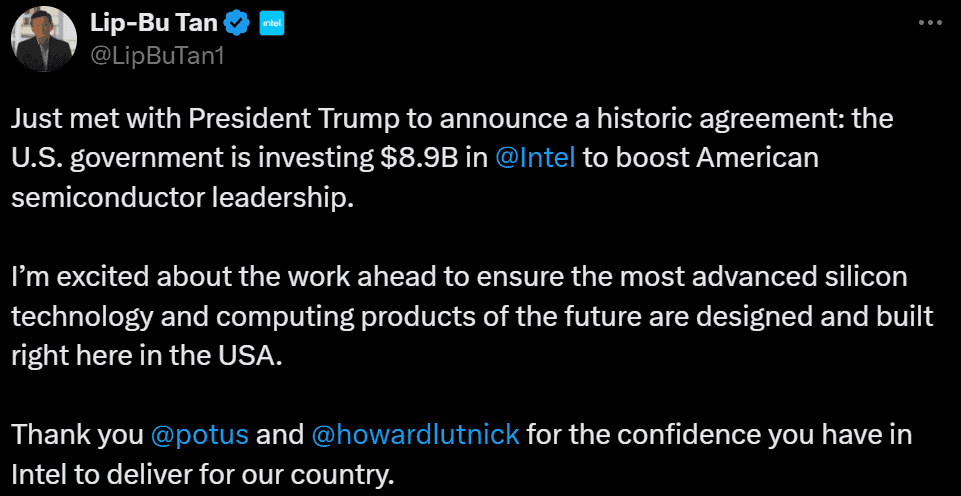EE. UU. compra el 10 % de Intel para blindar producción de chips: así fue el negocio CEO de Interl Corporation