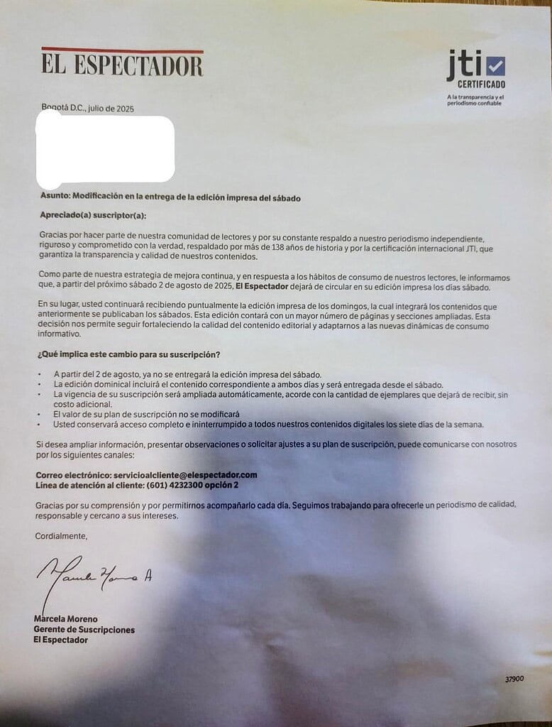Carta El Espectador se acaba impreso sábados