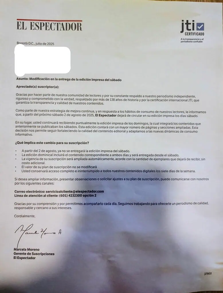 El Espectador tendrá importante cambio en edición impresa: se suma a nuevas movidas en otros medios de comunicación Carta El Espectador se acaba impreso sábados