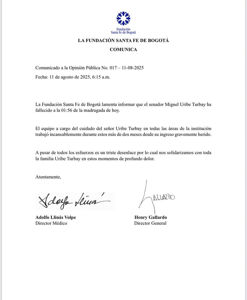 Comunicado muerte de Miguel Uribe Turbay
