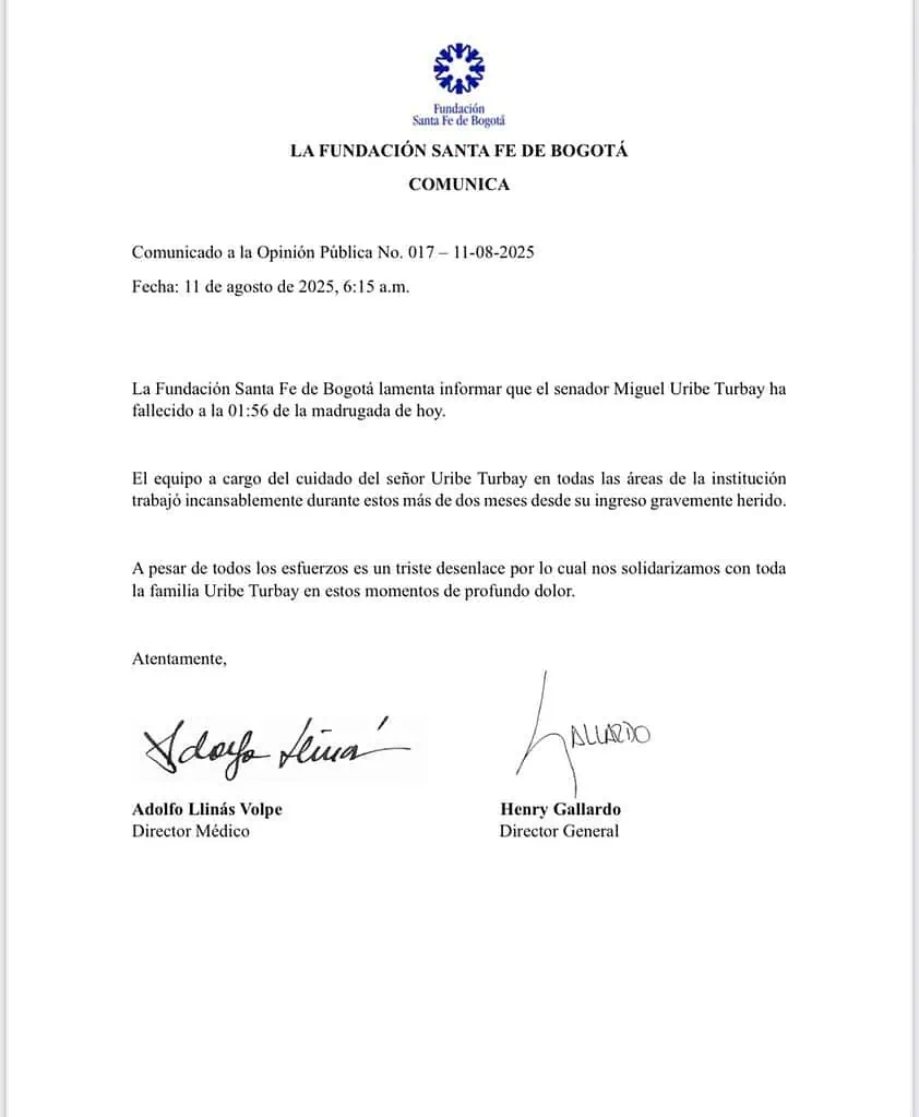Muerte de Miguel Uribe Turbay: Fundación Santa Fe se pronuncia tras el fallecimiento del senador Comunicado muerte de Miguel Uribe Turbay
