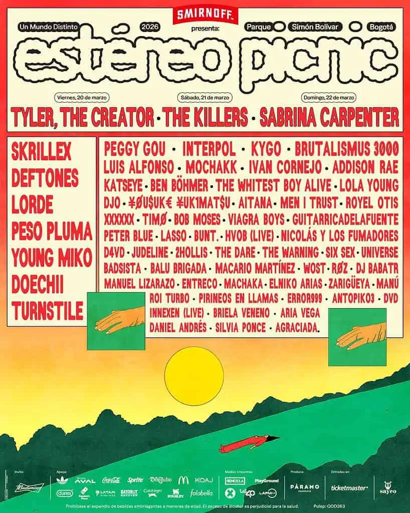 Este es el lineup del Festival Estéreo Picnic 2026: Sabrina Carpenter, Peso Pluma y The Killers encabezan el cartel Cartel oficial Estéreo Picnic 2026. Foto: cortesía Páramo Presenta.