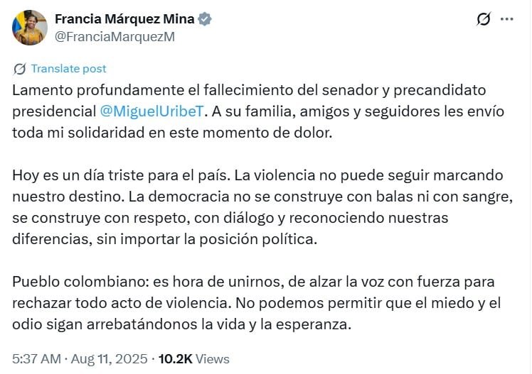 Vicepresidenta Francia Márquez lamenta muerte de Miguel Uribe Turbay: “Hoy es un día triste para el país” Francia Márquez sobre muerte de Miguel Uribe