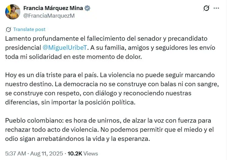 Vicepresidenta Francia Márquez lamenta muerte de Miguel Uribe Turbay: “Hoy es un día triste para el país” Francia Márquez sobre muerte de Miguel Uribe