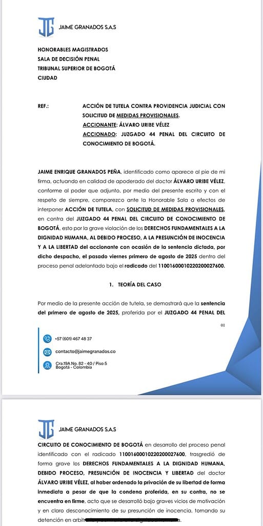 Defensa de Álvaro Uribe interpone tutela para anular prisión domiciliaria tras condena al expresidente