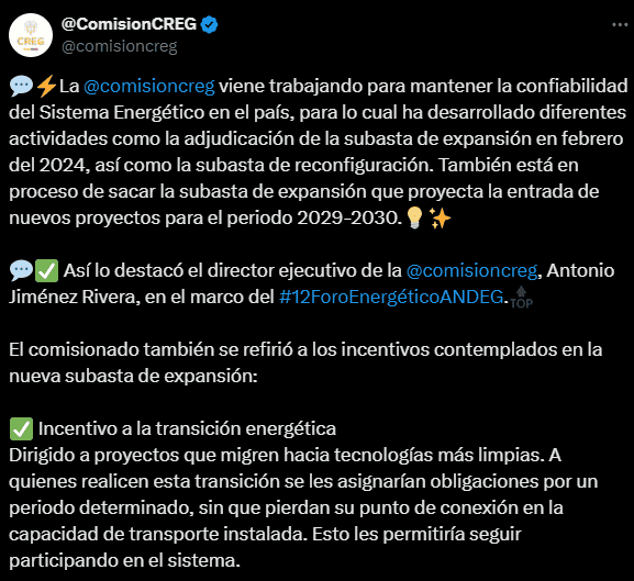 CREG anunció que “en los próximos días” iniciará la subasta de Cargo por Confiabilidad en Colombia CREG anunció que “en los próximos días” iniciará la subasta de Cargo por Confiabilidad en Colombia
