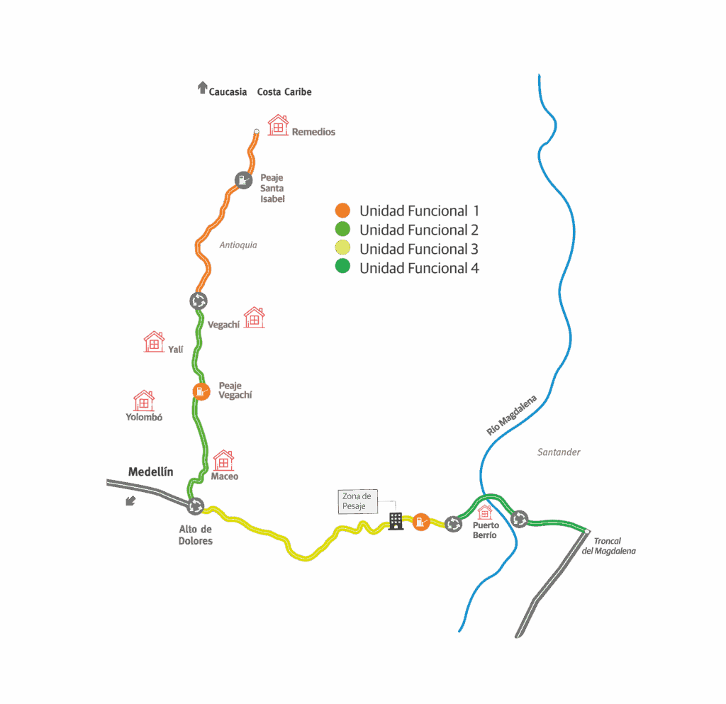 Mapa del recorrido de la vía que conecta a Antioquia con la Costa Caribe