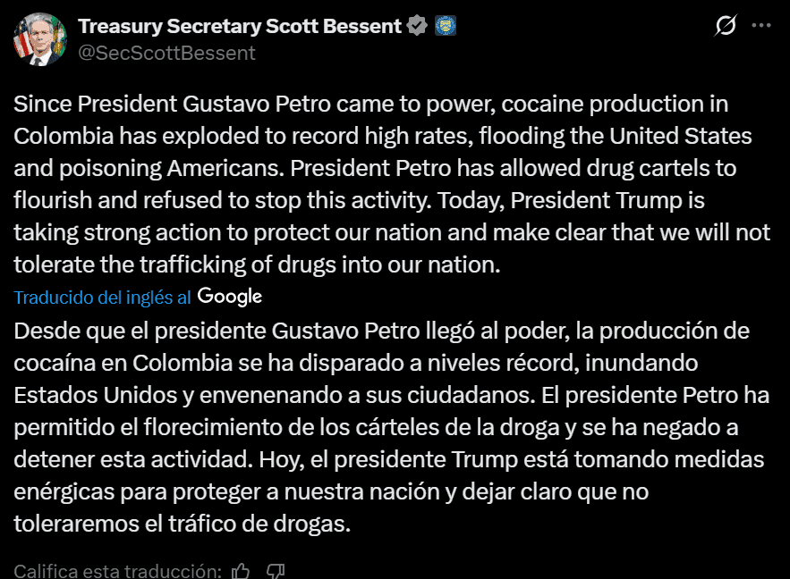 Confirmación de la inclusión de Petro a la OFAC
