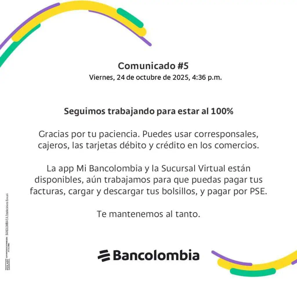 Bancolombia restablece sus servicios tras caída masiva en su plataforma Bancolombia restablece sus servicios tras caída masiva en su plataforma