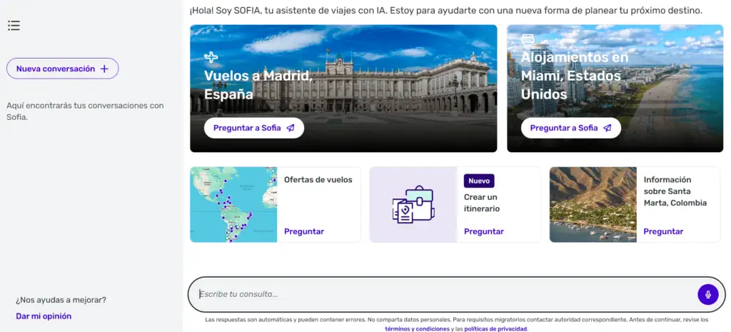 IA de Despegar registra más de 800.000 conversaciones mensuales: así funciona Sofia, IA de Despegar. Foto: captura de pantalla.