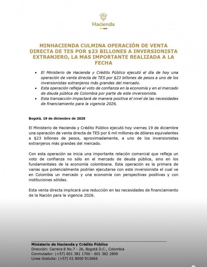 Relevante | Colombia vendió US$6.000 millones en TES a fondo internacional en operación preacordada Relevante | Colombia vendió US$6.000 millones en TES a fondo internacional en operación preacordada