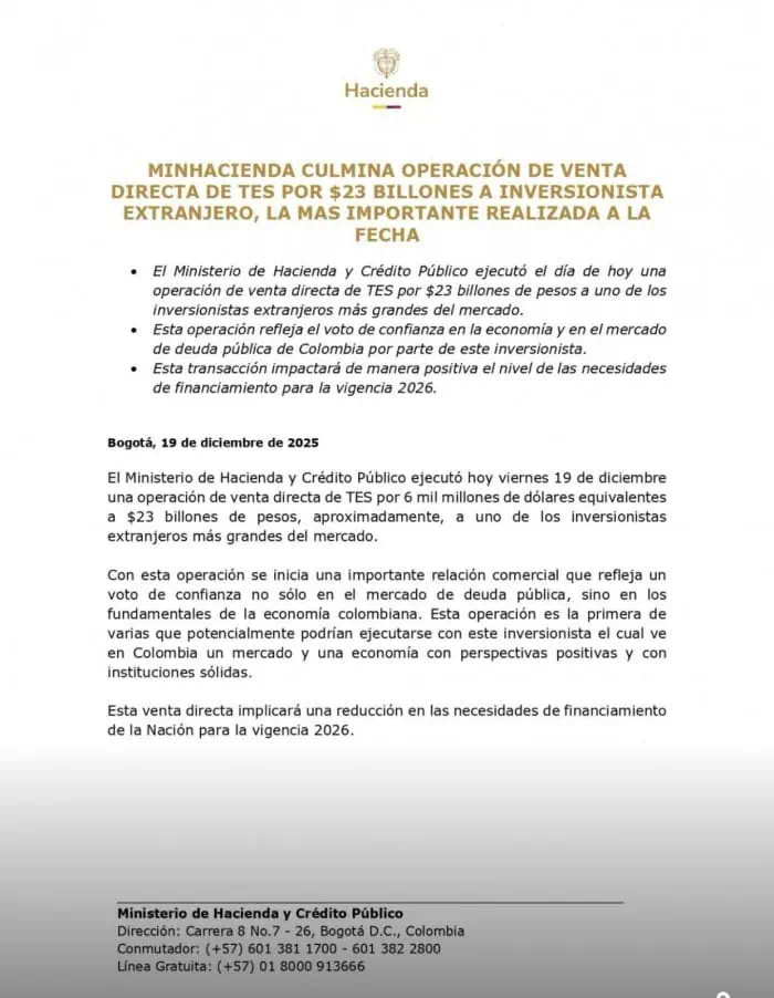 Relevante | Colombia vendió US$6.000 millones en TES a fondo internacional Relevante | Colombia vendió US$6.000 millones en TES a fondo internacional
