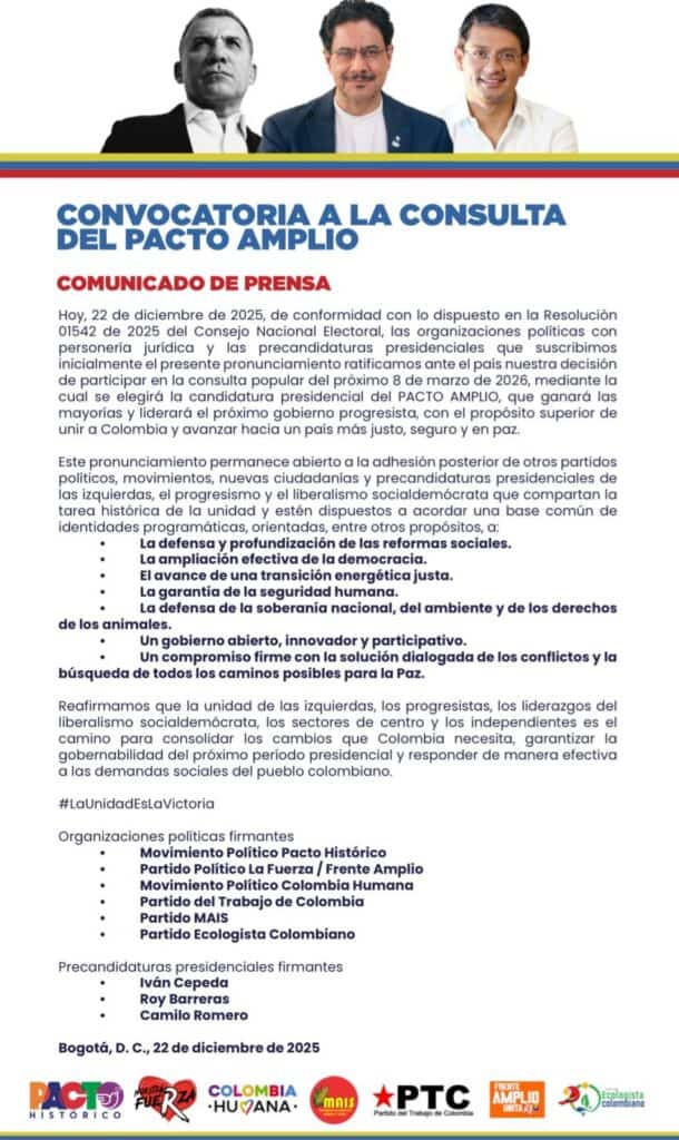 La izquierda definirá a su candidato para la Presidencia del 2026 entre Iván Cepeda, Roy Barreras y Camilo Romero Consulta del bloque de izquierda