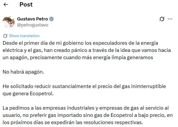 Petro confirma si habrá o no apagón en Colombia: Toma importante medida con precios del gas Petro habla de un apagón en Colombia