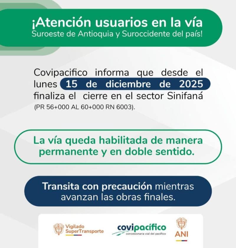 Listas obras clave en la megavía de Medellín al suroeste antioqueño; se acaban cierres en sector de Sinifaná Listas obras clave en la megavía de Medellín al suroeste antioqueño; se acaban cierres en sector de Sinifaná