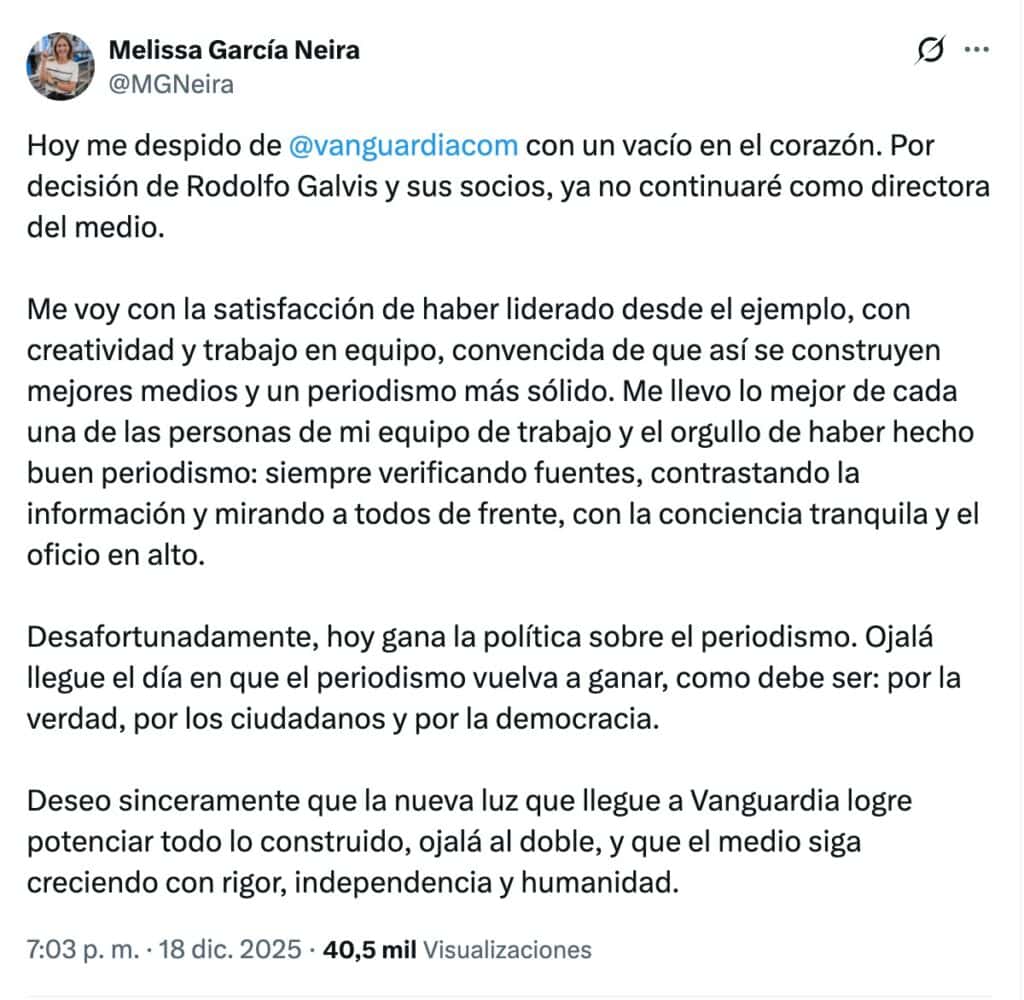 x Melissa garcía Melissa García Neira anunció en su cuenta de X que no continuará como directora de Vanguardia. Foto: X.