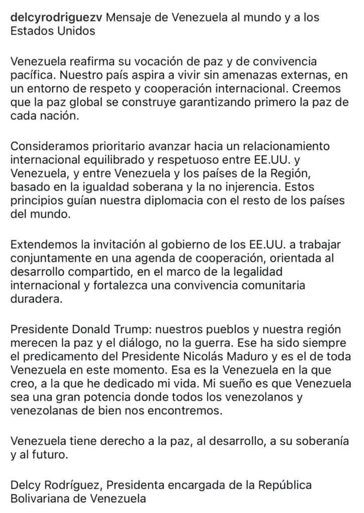 Delcy Rodríguez propone una “agenda de cooperación” entre Venezuela y Estados Unidos Delcy Rodríguez sobre Venezuela