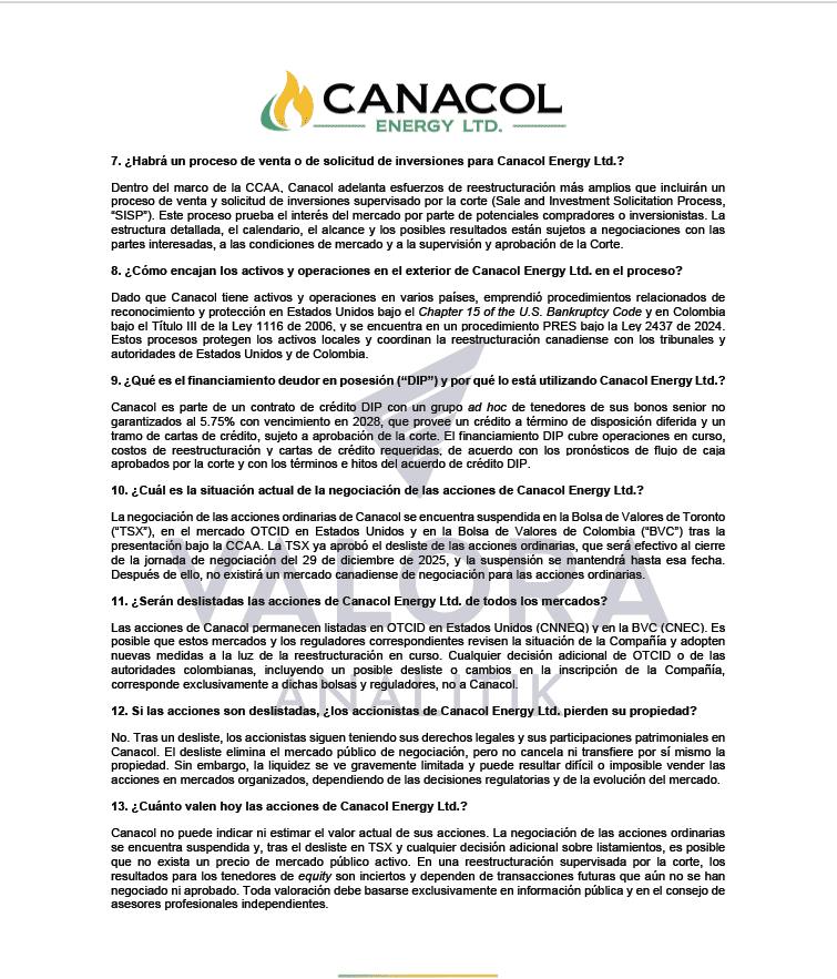 Exclusiva | Documento de Canacol revela futuro de sus activos en Colombia y de acciones en bolsa Documento de Canacol en reorganización