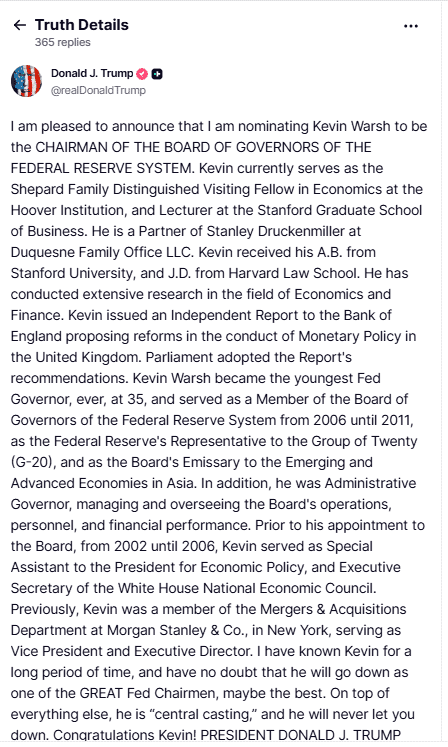 Trump confirma a Kevin Warsh como candidato para liderar la Reserva Federal en relevo de Jerome Powell Trump confirma a Kevin Warsh como candidato para liderar la Reserva Federal en relevo de Jerome Powell