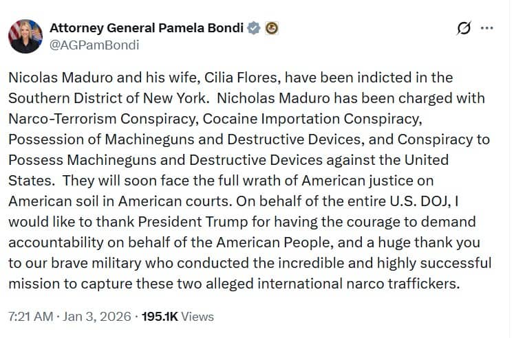 Maduro y su esposa van camino a una Corte en Nueva York para enfrentar histórico juicio por narcotráfico, confirma Fiscalía de EE. UU. Fiscalía de Estados Unidos habla sobre Maduro