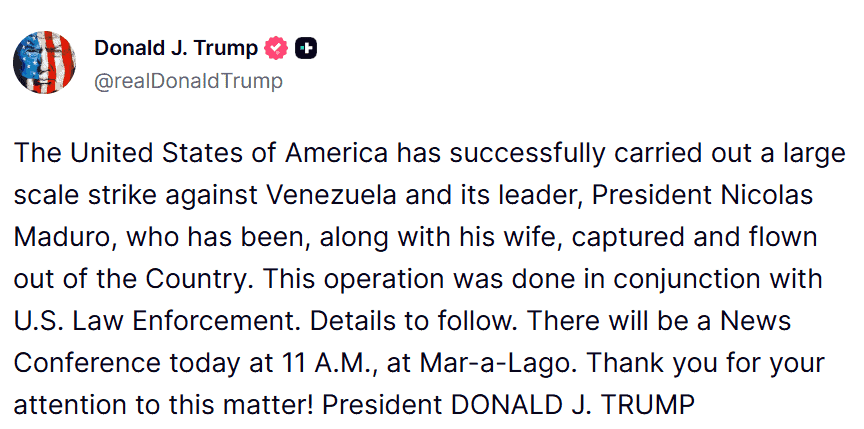 Atención | Trump confirma que EE. UU. capturó a Maduro tras operación militar en Caracas Post Trump sobre captura de NIcolás Maduro