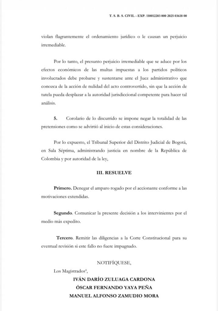 Tribunal de Bogotá niega tutela de Colombia Humana por sanción del CNE a campaña de Petro Tribunal de Bogotá sobre CNE y Colombia Humana