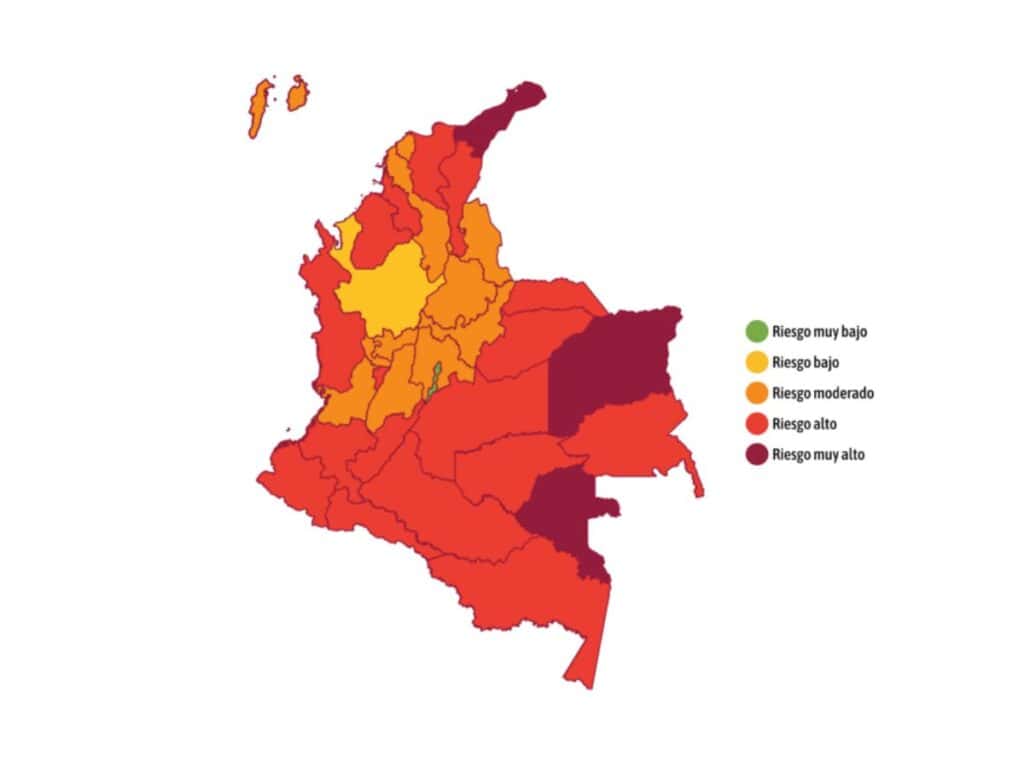 En la categoría de economía, Vaupés se convierte en el departamento con mayor riesgo
económico, seguido de Vichada y La Guajira, y los tres se
ubican en la categoría de riesgo muy alto. Imagen: Colombia Risk Analysis.