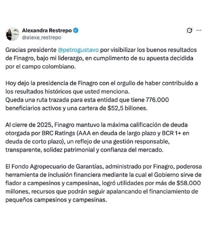 Alexandra Restrepo sale de la presidencia de Finagro en medio de tensiones internas y denuncias Tomado de @alexa_restrepo en X.