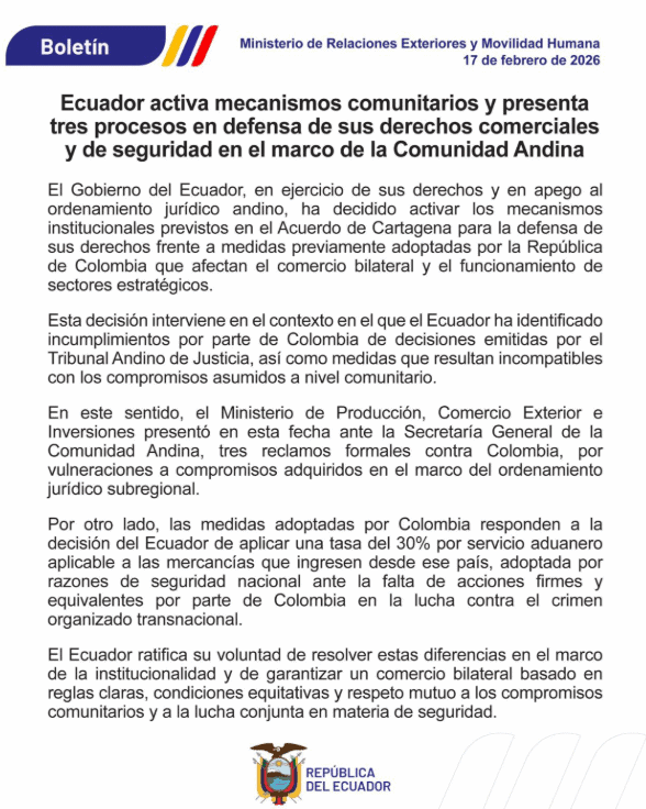 Ecuador escala disputa con Colombia ante la CAN y presenta tres reclamos formales por “vulneraciones” comerciales Medidas de Ecuador
