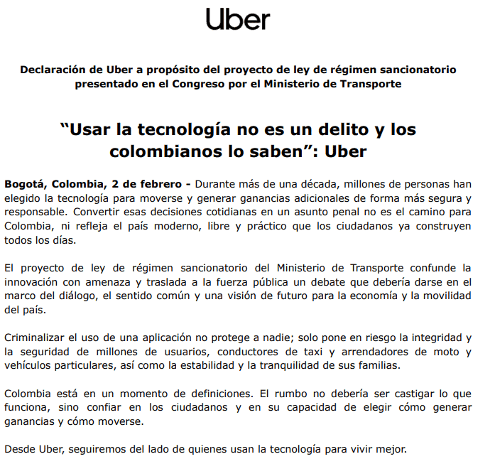 Gobierno Petro busca multas de casi $5 millones por usar tecnologías para el transporte: Uber advierte que se criminalizan las plataformas Uber sobre proyecto de ley para regular plataformas