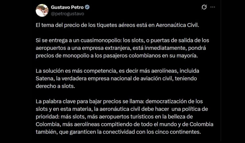 Revolcón a los slots en El Dorado: ¿se afectará la industria aérea nacional? El presidente Petro se refirió a la asignación de los slots. Foto: X @Petrogustavo