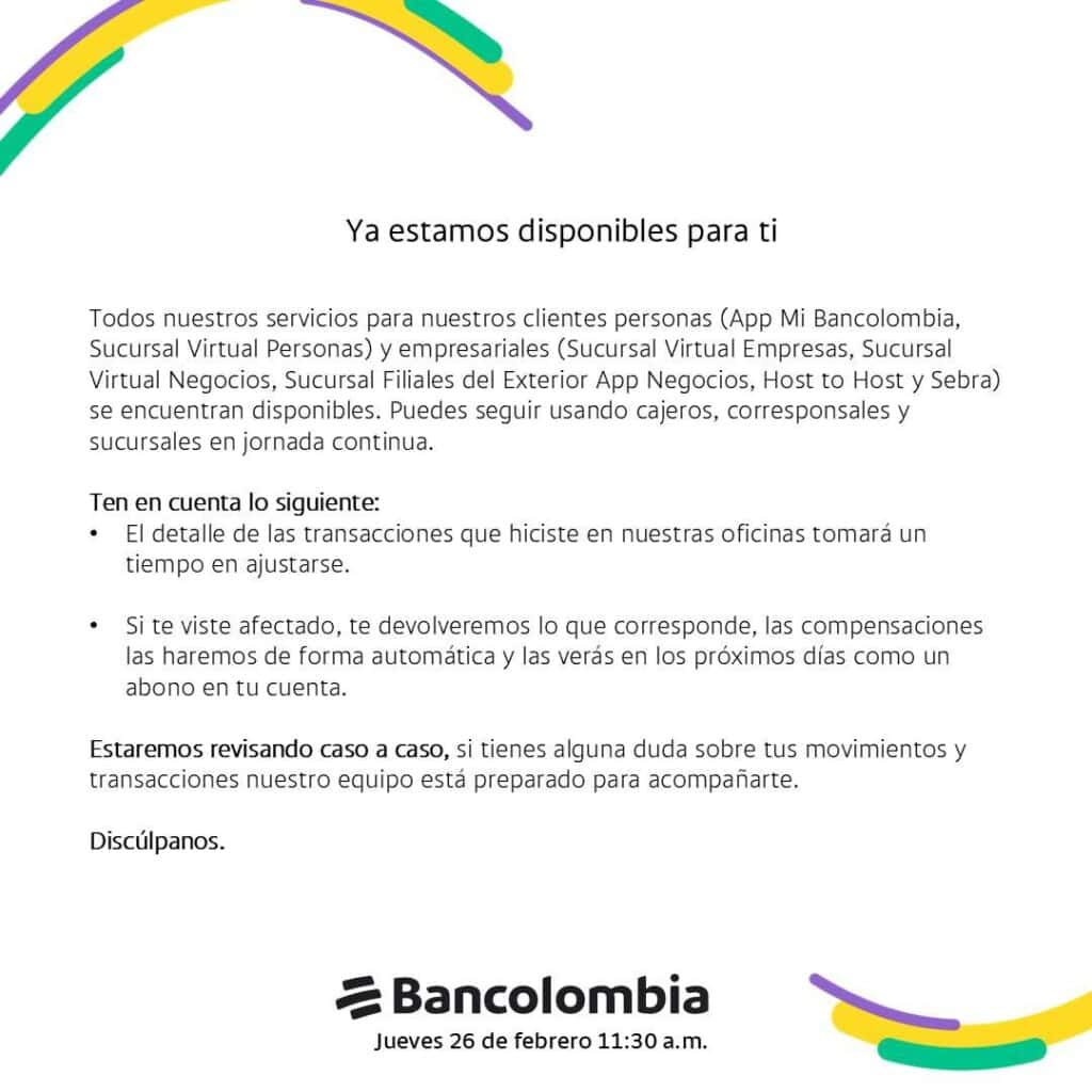 Bancolombia finalmente restablece todos sus servicios y anuncia compensaciones automáticas Bancolombia finalmente restablece todos sus servicios y anuncia compensaciones automáticas
