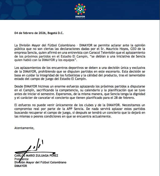 Dimayor desmiente a Sencia por El Campín y pide cancelar el concierto del 28 de febrero Dimayor desmiente a Sencia por El Campín y pide cancelar el concierto del 28 de febrero