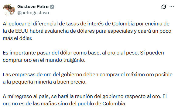 Petro habla de crisis de deuda y ahora plantea comprar oro cuando Colombia no aprovechó el precio récord Imagen: @petrogustavo en X.