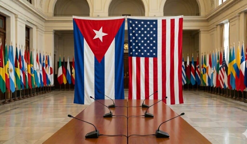 En medio de manifestaciones, Cuba confirma conversaciones con Estados Unidos; advierte acuerdos llevarán tiempo Cuba confirma acercamientos con Estados Unidos. Imagen generada con IA por Gemini con fines