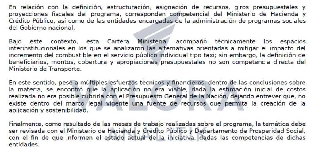 Respuesta MinTransporte a Valora Analitik subsidio a taxistas
