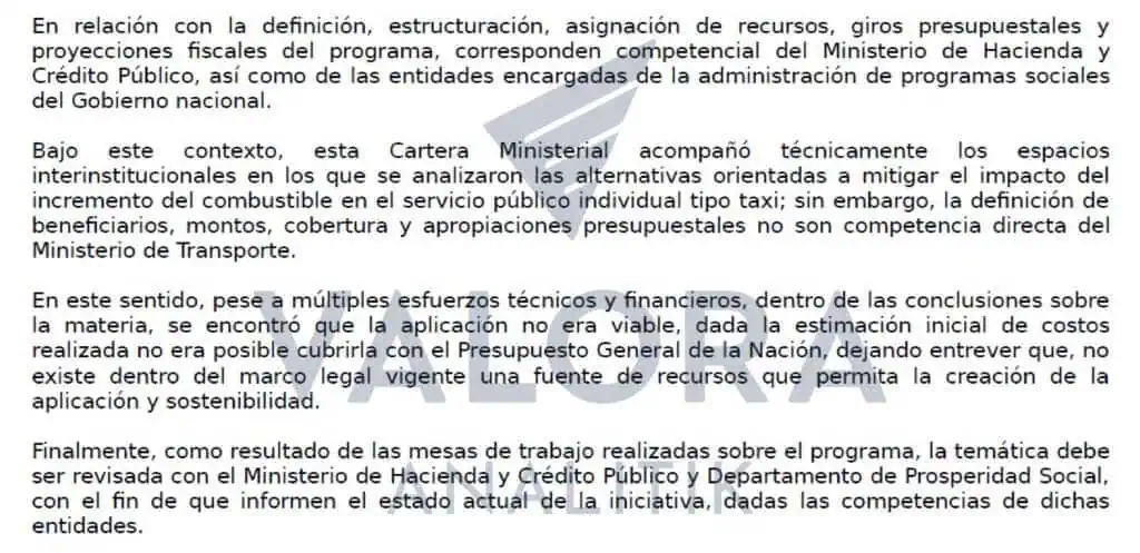 Primicia | Petro no cumplió con promesa de subsidiar a taxistas por el alza de la gasolina: hoy el Gobierno confirma que era inviable Respuesta MinTransporte a Valora Analitik subsidio a taxistas