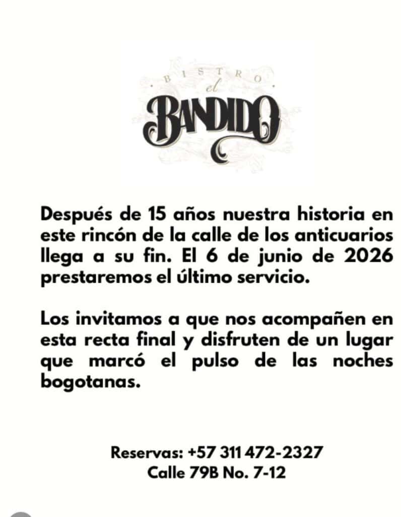 cierre Bandido Bogotá El anuncio del cierre: la inesperada despedida del famoso restaurante