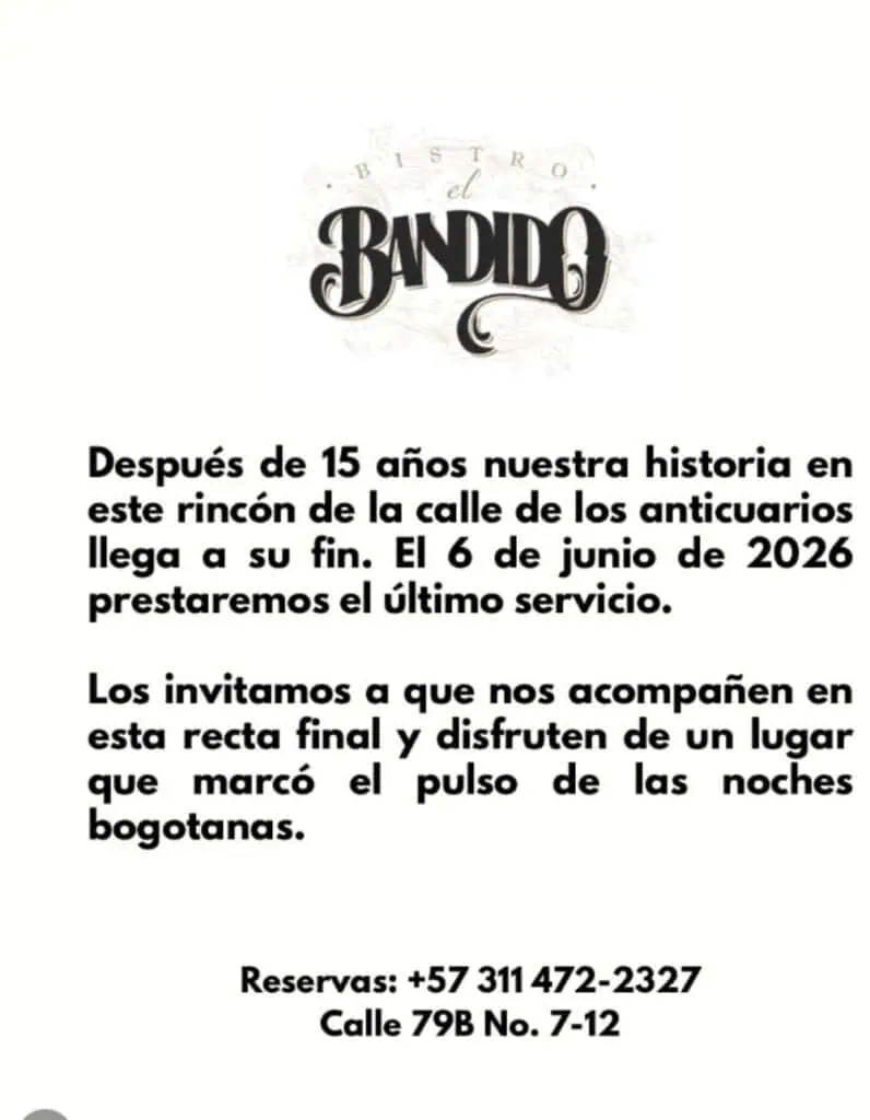 cierre Bandido Bogotá El anuncio del cierre: la inesperada despedida del famoso restaurante