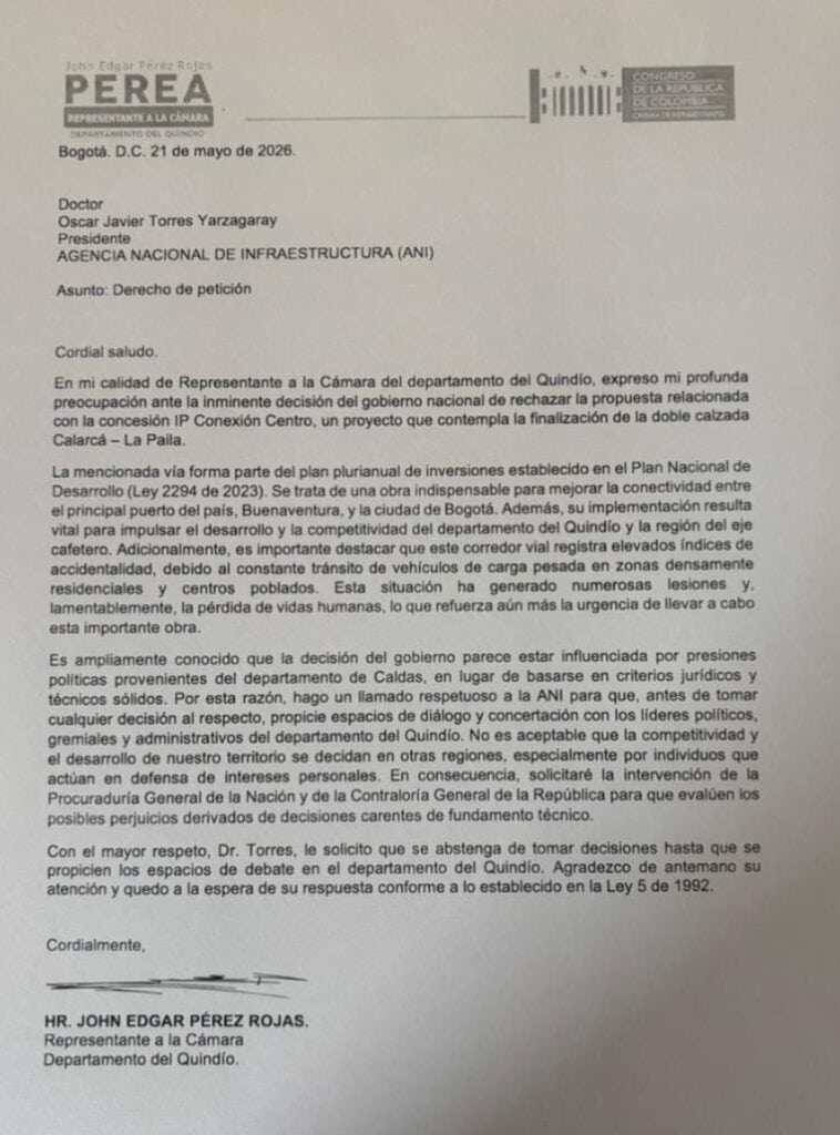Denuncian en el Congreso presiones políticas para frenar megaproyecto vial de $7 billones en el Eje Cafetero Carta del representante a la ANI