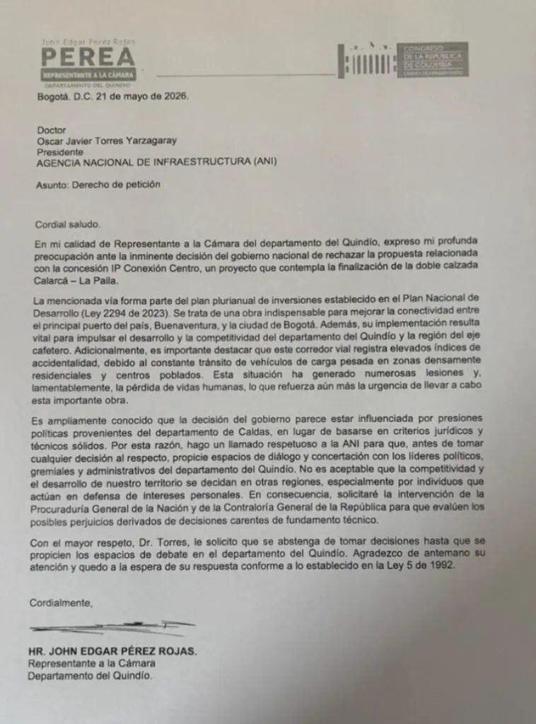 Denuncian en el Congreso presiones políticas para frenar megaproyecto vial de $7 billones en el Eje Cafetero Carta del representante a la ANI