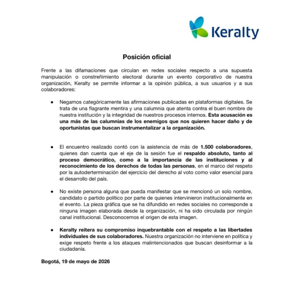 Comunicado de Keralty ante acusaciones presiones electorales