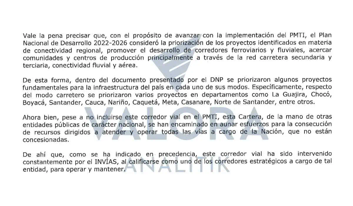 Explicación MinTransporte vía Santuario - Caño Alegre