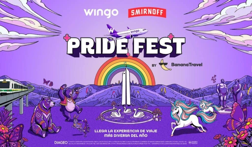 Wingo lleva el Pride a las alturas: lanza el primer festival del orgullo en el aire Más de 180 viajeros podrán hacer parte de esta iniciativa que celebra la diversidad desde el aire y que se podrá adquirir desde este 6 de mayo en wingo.com. Imagen: Wingo.