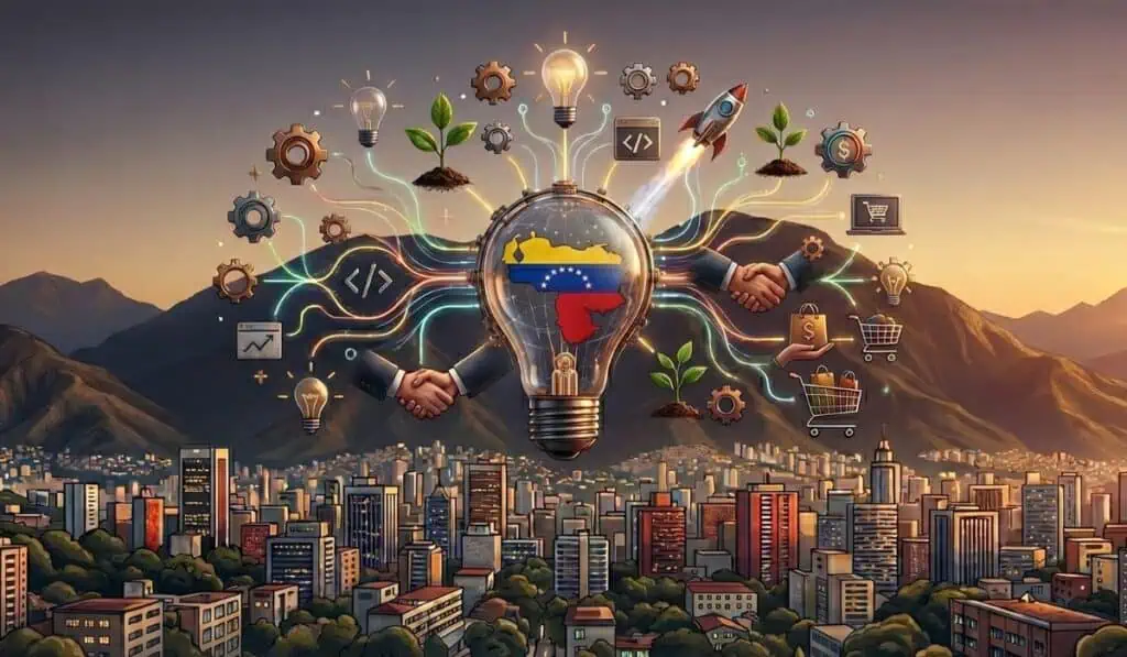 Inside Venezuela | El país con más ganas de emprender y menos condiciones para hacerlo: un análisis sobre el ecosistema emprendedor Ecosistema emprendedor en Venezuela. Imagen creada en Gemini.