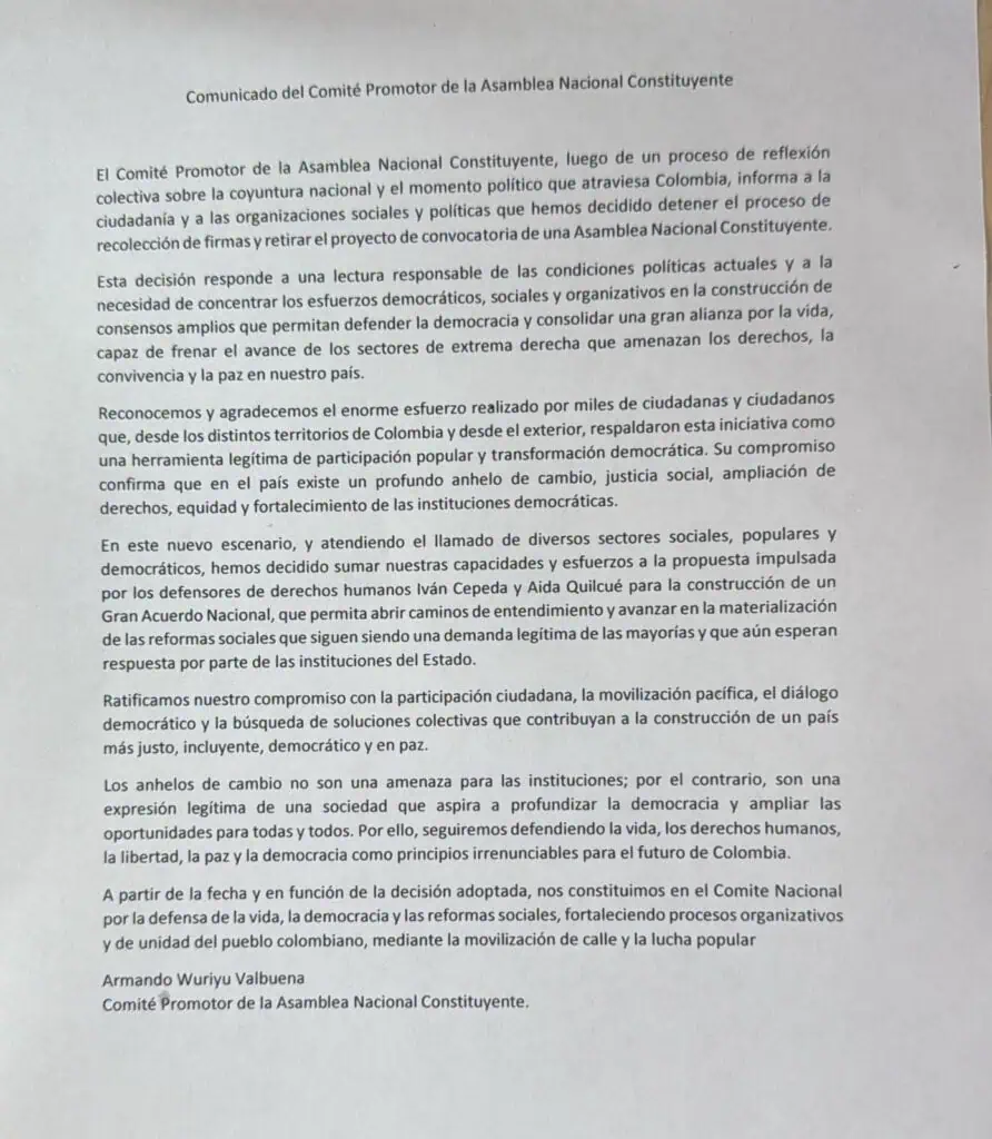 Ahora | Se cae propuesta de Constituyente apoyada por Petro tras elecciones presidenciales: comité retira proyecto Carta del Comité Constituyente
