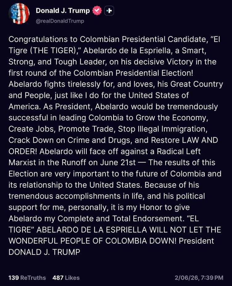 Trump anuncia apoyo a Abelardo de la Espriella y dice que las elecciones serán clave para la relación bilateral Donald Trump apoyo a Abelardo de la Espriella