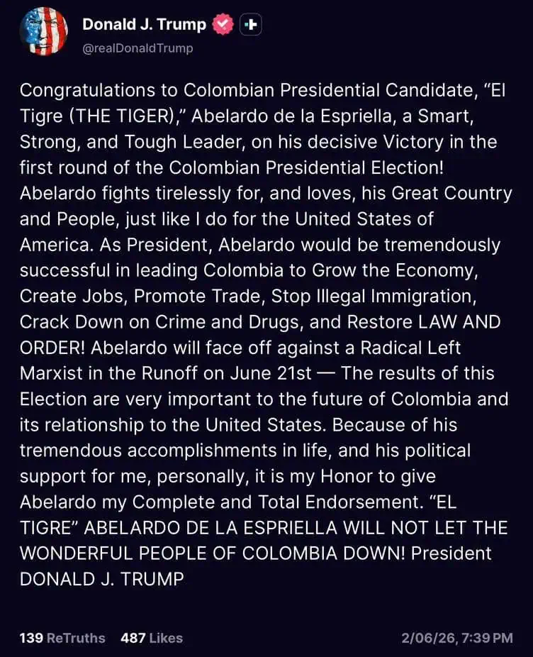 Trump anuncia apoyo a Abelardo de la Espriella y dice que las elecciones serán clave para la relación bilateral Donald Trump apoyo a Abelardo de la Espriella